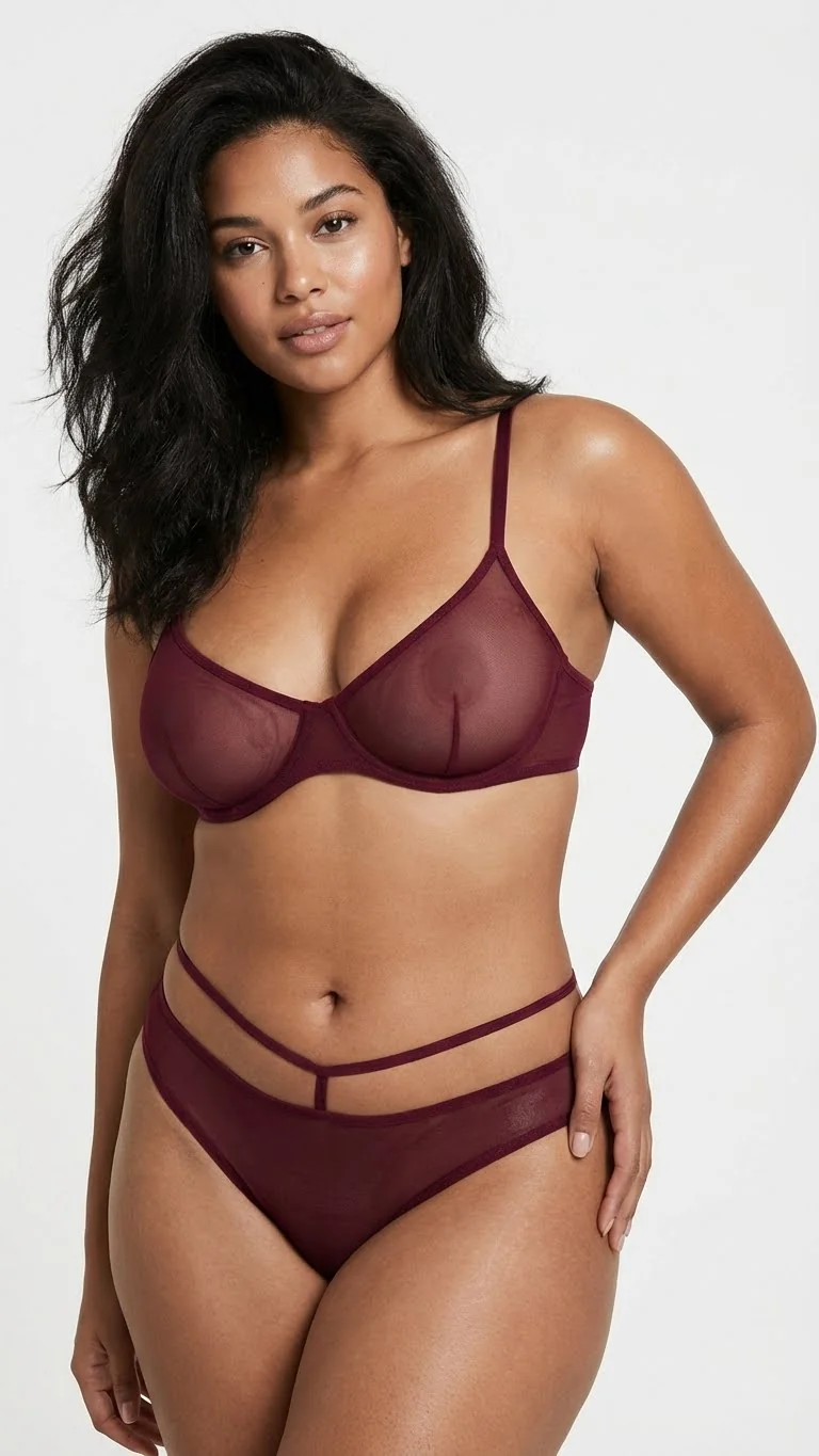 Arkası Çapraz Bantlı Tül Tanga Deep Burgundy - Önü Transparan ve Kafes Detaylı String - Yan Görünüm - LunaIntim